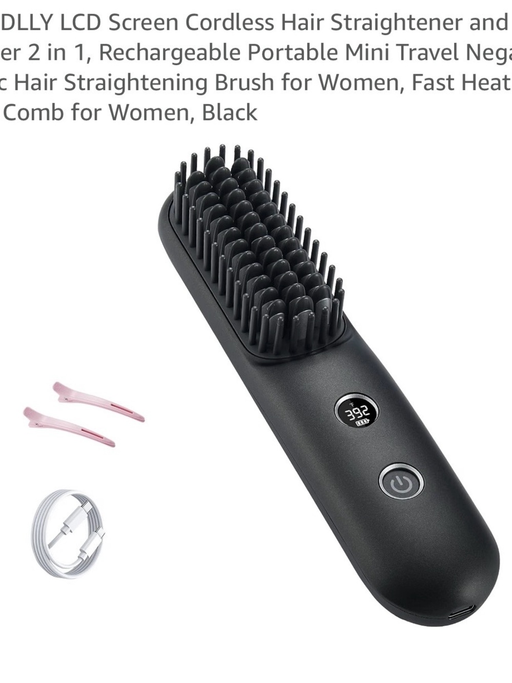 Black Cordless LCD Travel Hair Straightening Brush for Women